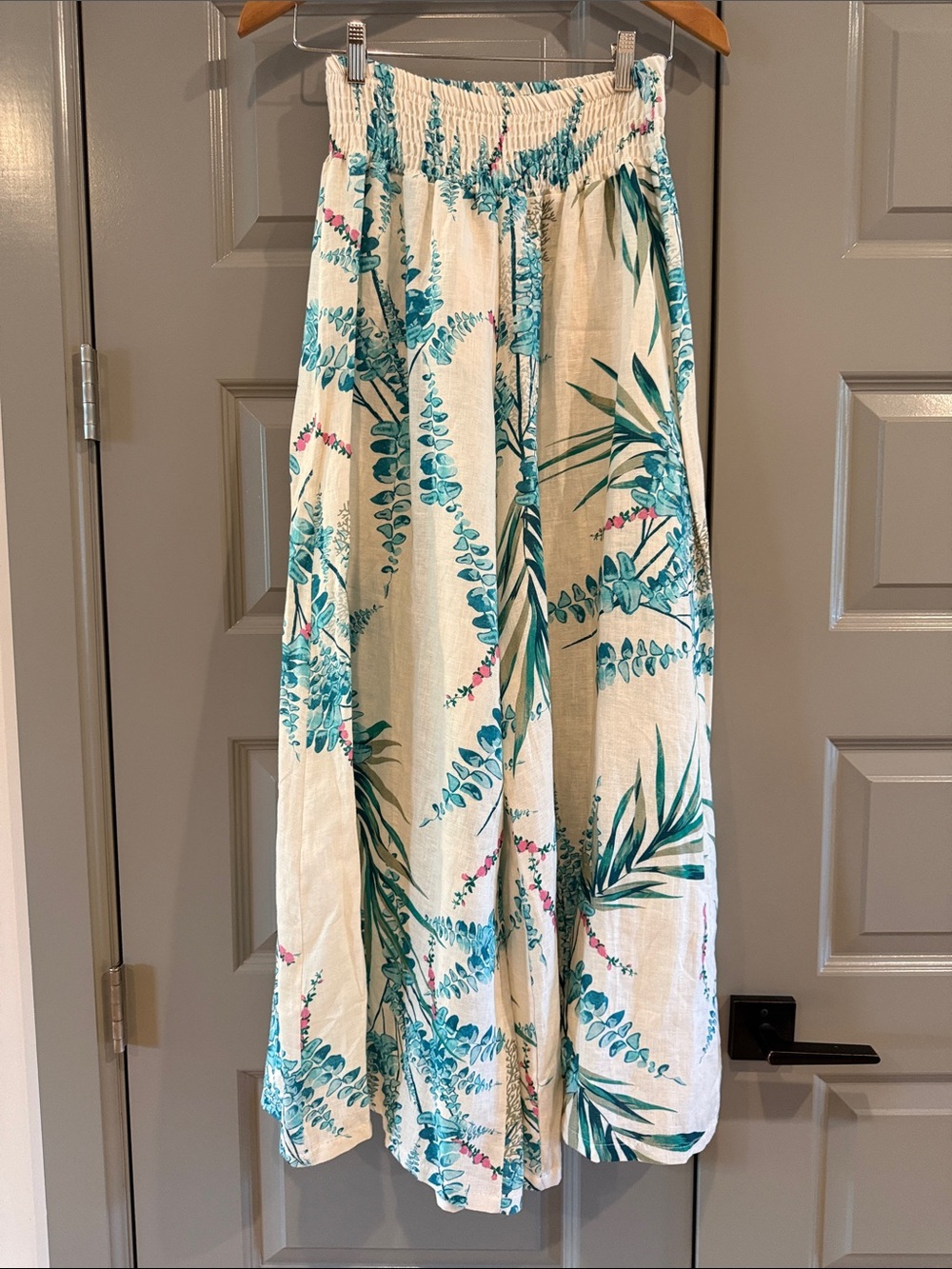 Italian Linen Wide Leg Palazzo Pants Cream Floral Pink Teal